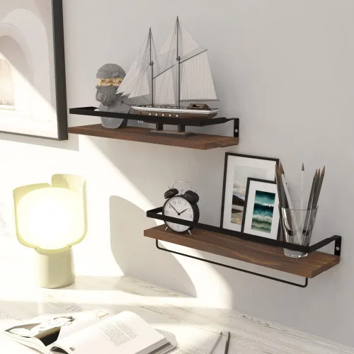 Vista 6 de Estantes flotantes para pared, estantes de baño con toallero, estantes de almacenamiento montados en la pared para cocina, baño, juego de 2 Marrón
