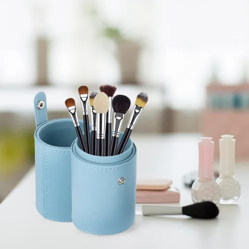 Vista 8 de FOMIYES Soporte para brochas de maquillaje con tapa, estuche de viaje para brochas de viaje, bolsa de piel sintética, organizador de cosméticos