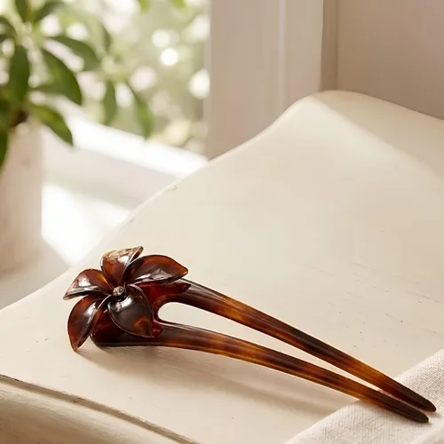 Vista 8 de Parcelona French Belle Flower Gran Tortuga Shell Brown Slide Hair Celuloide Chignon Moño Pelo Updo U Stick Pin con cristal