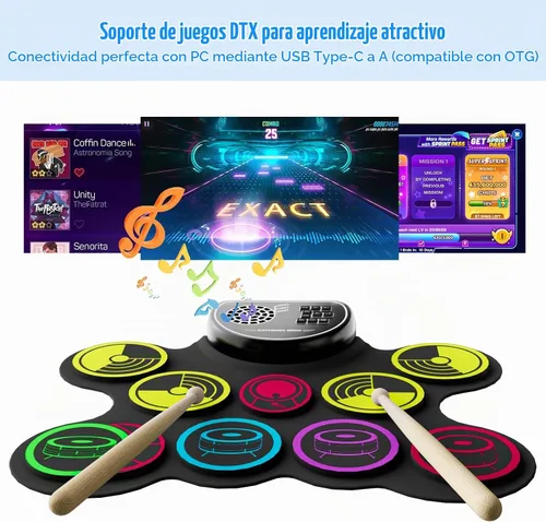Vista 4 de Miortior Juego de batería electrónica, 10 almohadillas enrollables, almohadilla de práctica con pedales de batería y palos, altavoz integrado