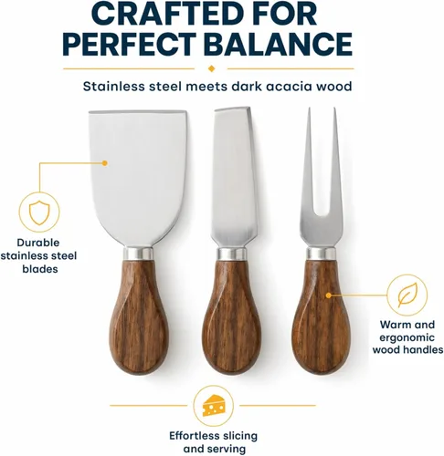 Vista 2 de Juego de cuchillos de queso de 3 piezas Acero inoxidable con asas de madera de acacia oscura Tenedor de queso, espátula y cuchillo esparcidor