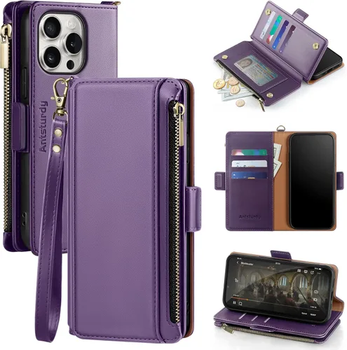 Vista 20 de Antsturdy Compatible con iPhone 15 Pro Max Funda Cartera para Mujeres【Bloqueo RFID】Funda de Teléfono Cruzada de Cuero PU con Cremallera y Correa