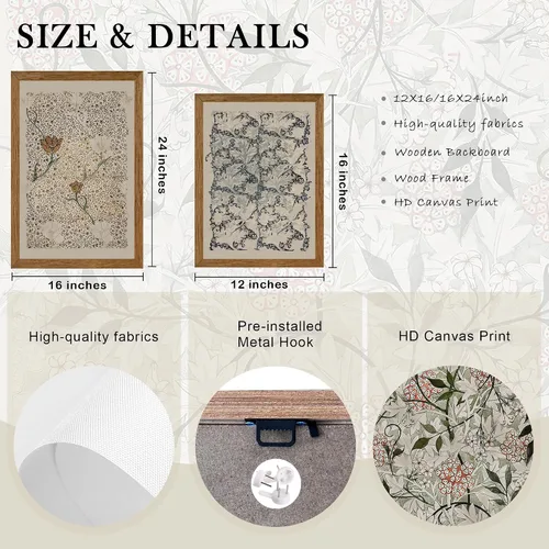 Vista 9 de Krtoni 3 piezas de arte de pared vintage enmarcadas de William Morris, impresiones de lienzo floral abstracto neutro, rústico, bohemio, flores