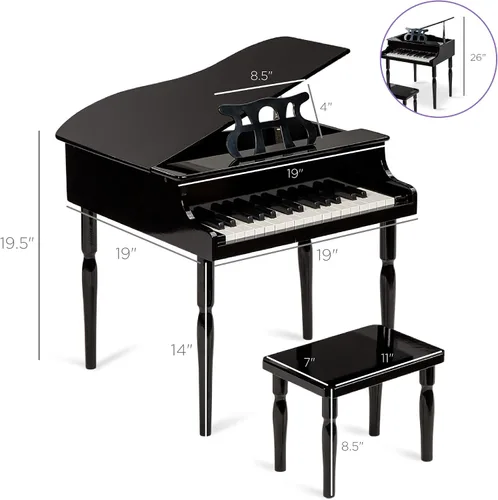 Vista 7 de Grand piano de madera con 30 teclas, juguete para niños color negro con asiento.