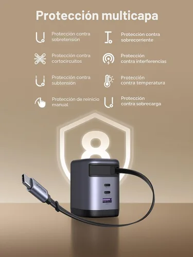 Vista 4 de UGREEN Nexode - Cargador retráctil USB C de 100 W GaN con cable integrado, adaptador de pared de carga rápida de 3 puertos para laptop, MacBook