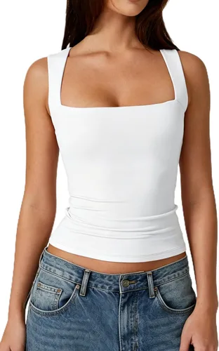 Vista 31 de QINSEN Camisetas básicas ajustadas de doble capa con cuello cuadrado para mujer Castaño