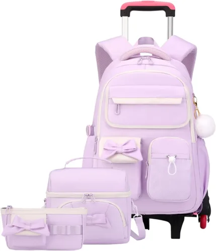Vista 16 de Mochila con ruedas para niñas, mochila con ruedas para escuela primaria, bolsa de libros con ruedas con 6 ruedas, 3 ruedas negras y azules-6
