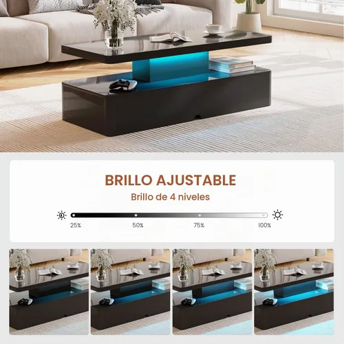 Vista 5 de Mesas modernas de sala de estar, mesa de centro LED con luces LED, mesa central rectangular de 2 niveles con gran almacenamiento, superficie de alto