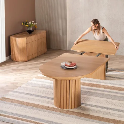 Vista 13 de Transformer Table - Mesa de comedor redonda extensible de madera maciza, mesa de comedor redonda extensible, muebles modernos que ahorran espacio