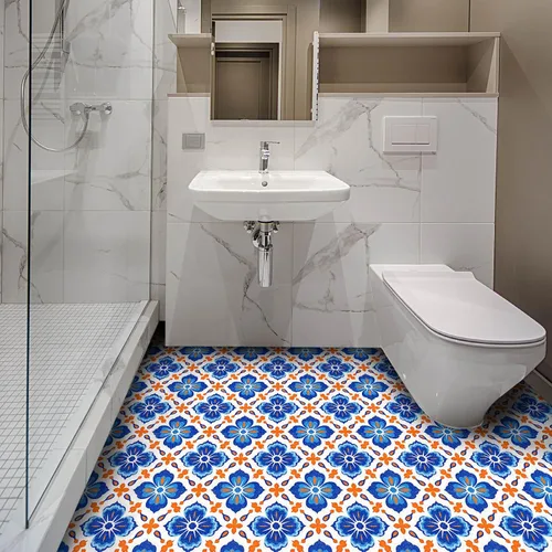 Vista 7 de IVN 10 azulejos de suelo de 12 x 12 pulgadas, diseño geométrico floral azul y naranja, autoadhesivas, removibles, autoadhesivas, calcomanías