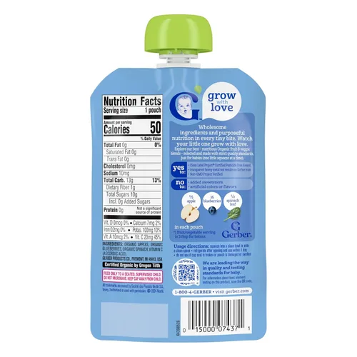Vista 12 de Gerber Alimento orgánico para bebés de manzana, arándano y espinacas, bolsa de 3.5 onzas