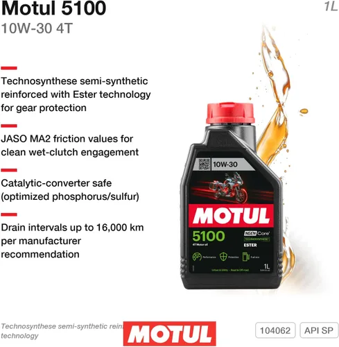 Vista 2 de Motul Aceite para motocicleta 5100 4T 10W-30 Technosynthese Ester semisintético - API SP JASO MA2 Wet Clutch Safe - 4 tiempos Street Dirt Bike ATV
