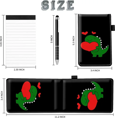 Vista 2 de Juego de 4 mini bloc de notas de bolsillo, diseño de corazón de dinosaurio, funda de piel sintética, soporte para notas con 2 ranuras para tarjetas