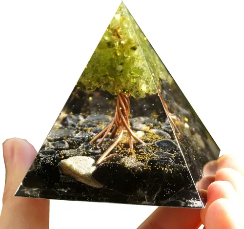 Vista 5 de Árbol de la vida hecho a mano Orgonita Pirámide Peridoto con Piedra de Cristal de Obsidiana Positivo Reiki Generador de Energía Curativa Colección