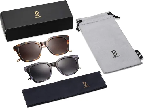 Vista 6 de SOJOS Paquete de 2 lentes de sol polarizados cuadrados clásicos para mujeres y hombres UV400 SJ2050