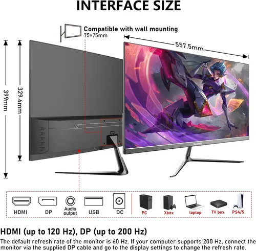 Vista 7 de Gawfolk - Monitor para juegos de 24.5 pulgadas, PC 200Hz, pantalla FHD 1080p, altavoces incorporados, 1ms sin bisel, FreeSync, 99% sRGB, ángulo