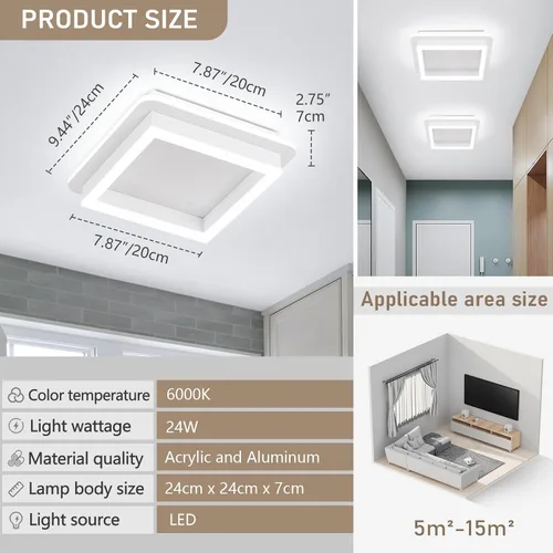 Vista 2 de CANEOE Luz de Pasillo Cuadrada de 24W, Moderna Luz de Techo LED de Montaje al Ras, Luces de Acrílico Blanco Cerca del Techo para Dormitorio Comedor