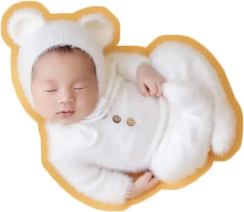 Vista 10 de Zeroest Accesorios de fotografía para recién nacidos, trajes de niño, accesorios para fotos de oso y niña, gorro con pies, mameluco de manga
