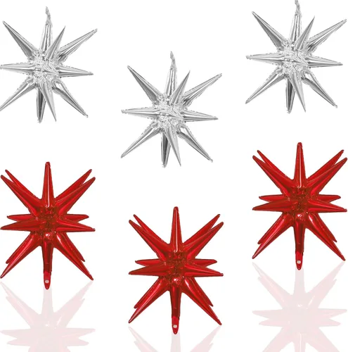 Vista 7 de 6 Globos de Papel de Aluminio con Forma de Estrella Negra de Una Pieza, Globo de Estrella de 14 Puntas 4D Cono Starburst de Mylar de 22 Pulgadas 22