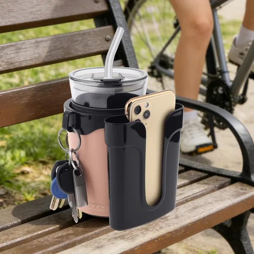 Vista 9 de Portavasos para bicicleta 3 en 1 con gancho para llaves de teléfono celular, soporte universal para botella de agua para caminante/silla de Beige