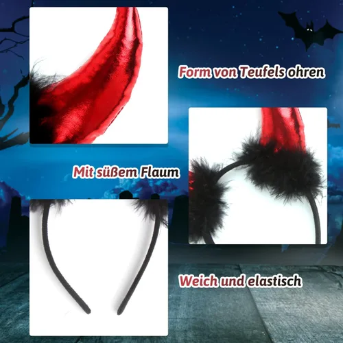 Vista 3 de LOMIMOS Halloween Red Devil Horns Headband, Demon Hairband with Plush Costume Accessories for Kids Women Men Party Fancy Dress Cosplay Festival