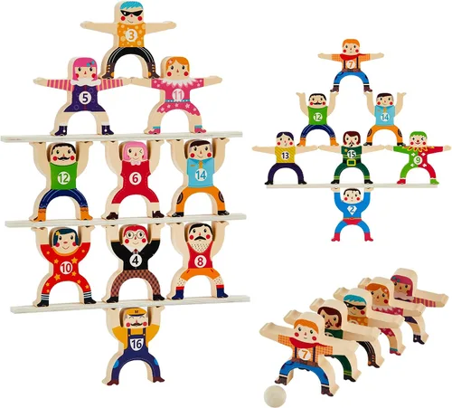 Vista 7 de HELLO PAPAYA Juguetes apilables de madera, 16 piezas, juego de bloques de construcción de equilibrio, Circus Hercules Acrobatic Troupe Interlock
