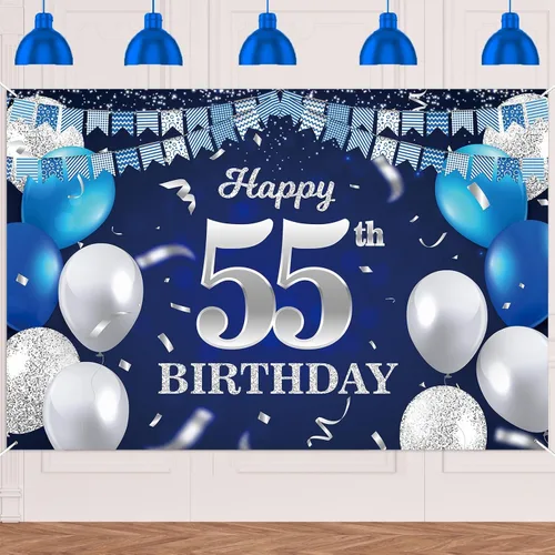 Vista 32 de Bandera de feliz primer cumpleaños con fondo azul marino, globos, confeti, bandera de rayas, luces de puntos, felicitaciones por el tema de 1 año