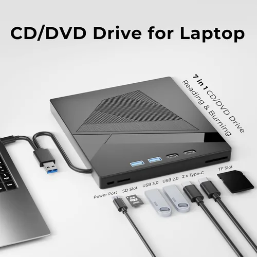 Vista 3 de 100GB BDXL 7-en-1 unidad externa Blu Ray, USB 3.0 & tipo C grabadora de Blu Ray de alta velocidad y lector de tarjetas SD/TF, compatible con PC Mac