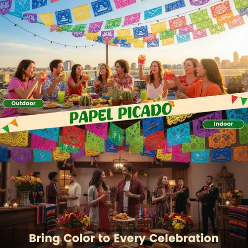 Vista 3 de DomeStar Paquete de 3 Pancartas de Fiesta Mexicana, 54 Pies Papel Picado Guirnalda de Banner de Fiesta para Cinco de Mayo Día de los Muertos
