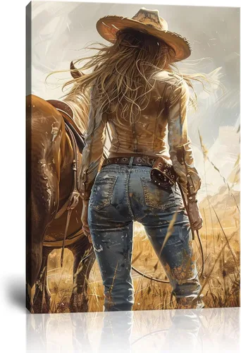 Vista 17 de Arte de pared de vaquero occidental Imágenes de mujeres vaquero Impresiones Póster de lienzo del suroeste Arte de decoración de pared occidental