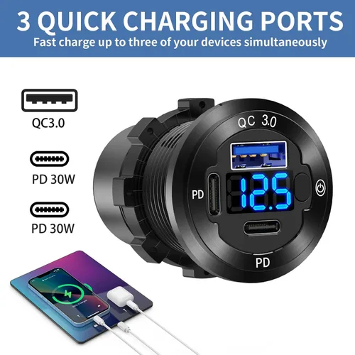 Vista 2 de Enchufe USB redondo de 12 V para automóvil, toma de corriente USB C de 12 V, cargador rápido marino de 3 puertos, impermeable, repuesto de salida