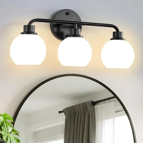 Vista 10 de Lámparas de baño doradas para tocador, 3 luces, apliques de pared, luces de latón cepillado con pantalla de vidrio martillado, lámpara de pared
