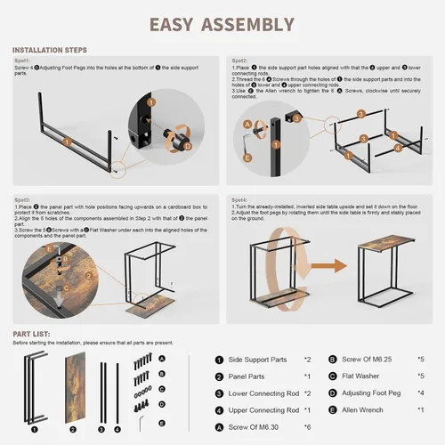 Vista 9 de Mesa auxiliar en forma de C con parte superior de madera marrón rústica, mesa auxiliar para sala de estar Slides Under Couch with Adjustable Feet