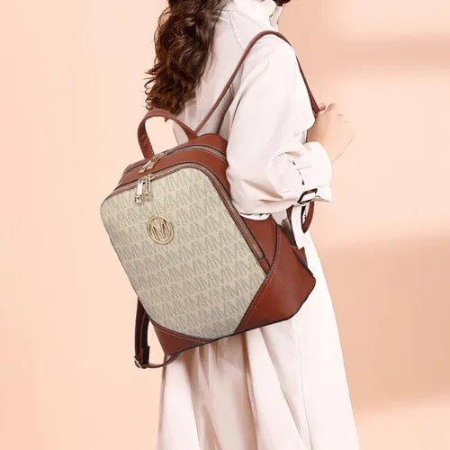 Vista 2 de MKP - Mochila mediana con doble cremallera para mujer de piel sintética para niñas y damas bolsa de hombro de viaje 2 unidades Beige Mochilas tipo