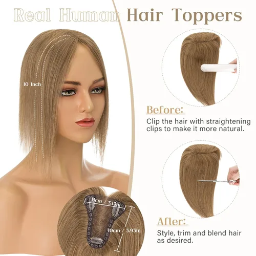 Vista 3 de Elailite Toppers para el cabello para mujer, piezas de cabello humano real para mujeres con cabello delgado, 3.1x3.9 in, base de malla triangular
