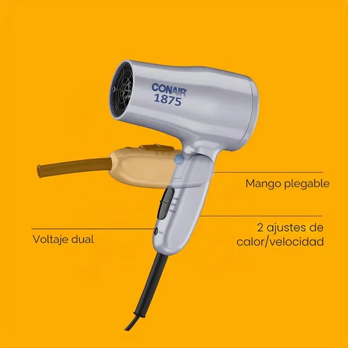 Vista 2 de Secador de pelo compacto Conair con mango plegable, secador de viaje de 1875 W con accesorios difusor y concentrador, 2 ajustes de calor y 2