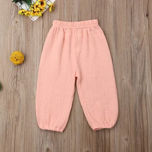 Vista 24 de Paquete de 3 pantalones de algodón y lino para bebés, niños y niñas, color liso, ropa básica para bebés