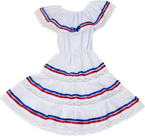 Vista 2 de Vestido de cintas étnicas rojo, azul y blanco cubano, domincano, puertorriqueño