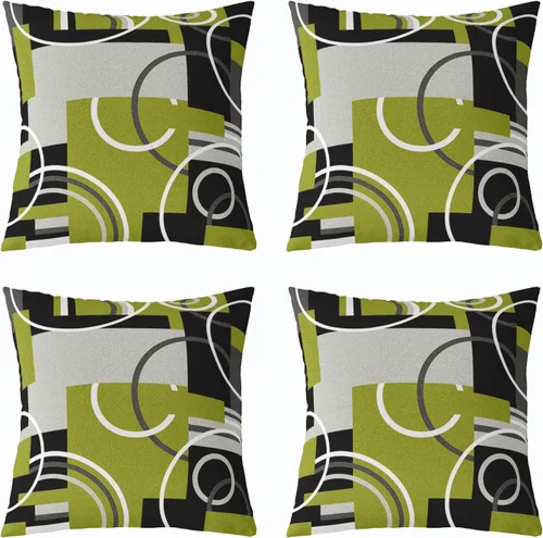 Vista 24 de Juego de 4 fundas de almohada geométricas modernas de turquesa con rayas en gris, negro y azul, cojines decorativos con espirales circulares retro
