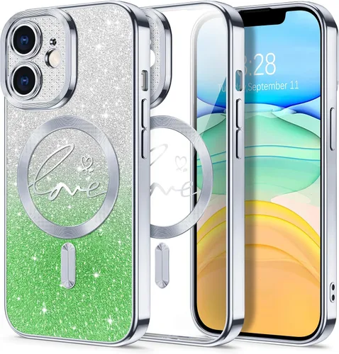 Vista 177 de Hython Funda para iPhone Air con purpurina, compatible con MagSafe Love Heart fundas magnéticas transparentes para teléfono para mujeres y niñas