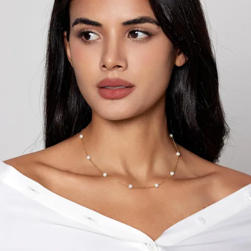 Vista 3 de Zeffy Collar de perlas de oro para mujer, delicado collar de gargantilla de perlas pequeñas chapado en oro de 18 quilates, collar de cadena