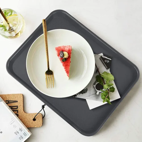Vista 4 de Paquete de 4 bandejas de plástico para comida rápida, bandeja para servir, bandejas rectangulares de plástico gris para servir comida rápida, F