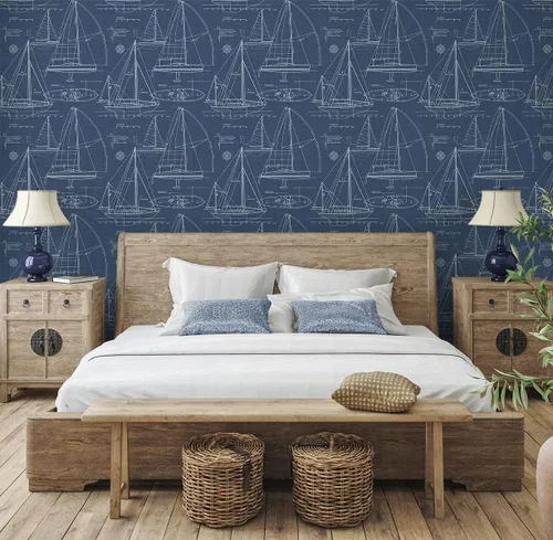 Vista 3 de NextWall Yacht Club Coastal - Papel tapiz autoadhesivo (azul marino)