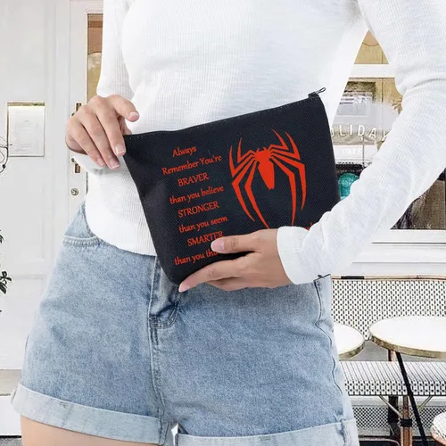 Vista 5 de LEVLO Bolsa de maquillaje de película de araña, regalo inspirado en los fanáticos de la película, eres más valiente, más fuerte y más inteligente