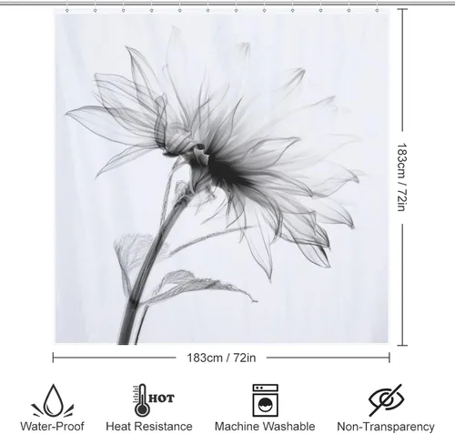 Vista 6 de YLATY2601 - Cortina de ducha de flores abstractas para baño, juego de cortinas de ducha bohemias florales en blanco y negro, tela transparente