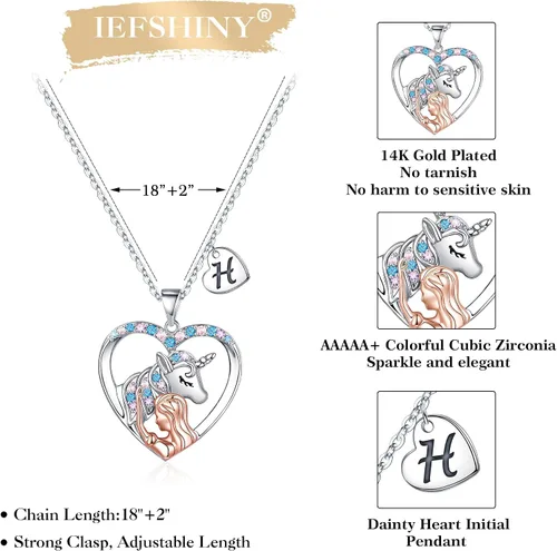 Vista 4 de IEFSHINY Unicorn Gifts for Girls, Unicorn Heart Pendant Necklace Initial Necklace Birthday Gifts for Teen Girls Daughter Granddaughter Niece Women