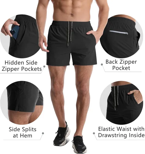 Vista 4 de Lempue Paquete de 2 pantalones cortos deportivos para hombre de 5 pulgadas, de secado rápido, pantalones cortos de entrenamiento para gimnasio