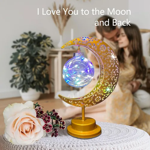 Vista 4 de Lámpara de mesa decorativa, luz de luna creciente, decoración de mesa de Ramadán, funciona con pilas, lámpara de escritorio de Ramadán de Navidad