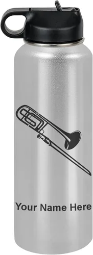 Vista 14 de LaserGram Botella de agua personalizada, trombón, acero inoxidable de doble pared aislada al vacío con popote superior, regalo grabado personalizado