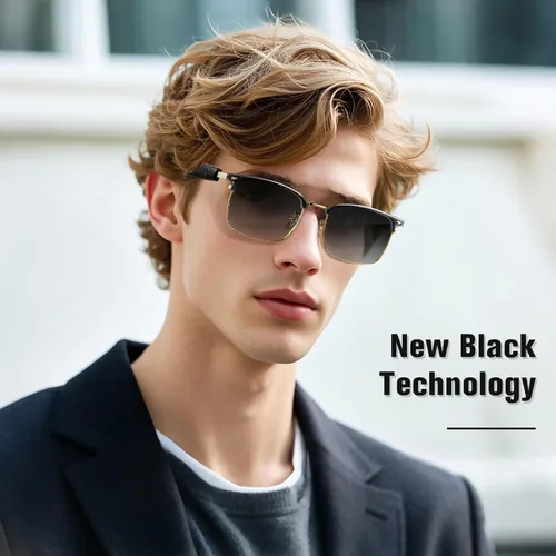 Vista 8 de Gafas inteligentes, gafas con filtro de luz azul, gafas de sol Bluetooth, lente fotocrómica, micrófono y altavoz integrados (GS13-dorado+marco negro)